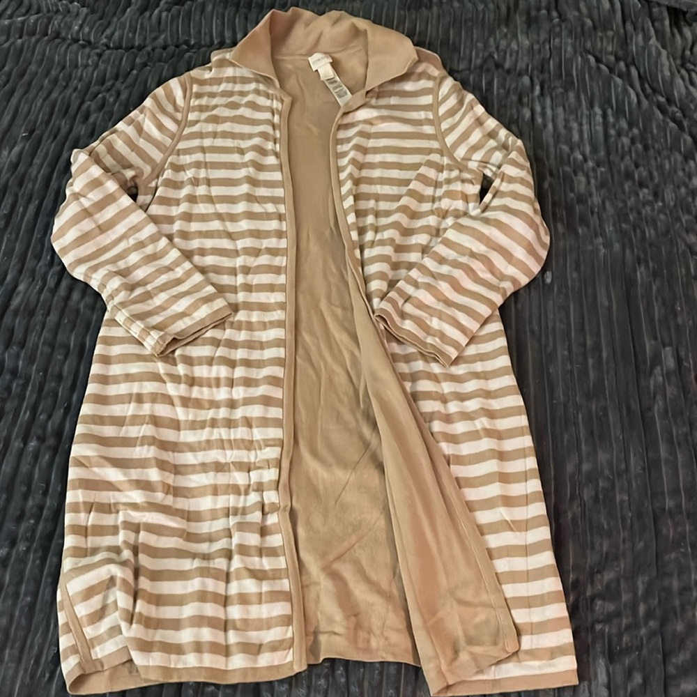 Chico’s Sz 2 Women’s Long Soft Sweater Jacket Tan & White Stripes & Beautiful